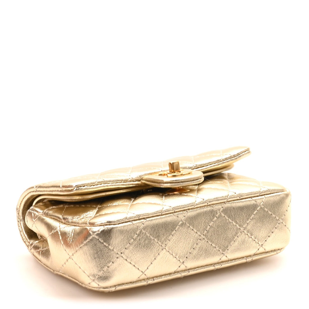 Metallic Calfskin Quilted Mini Flap Bag Charm With Hook Golden