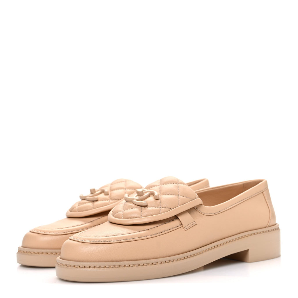 Lambskin Quilted CC Turnlock Moccasins 37 Beige