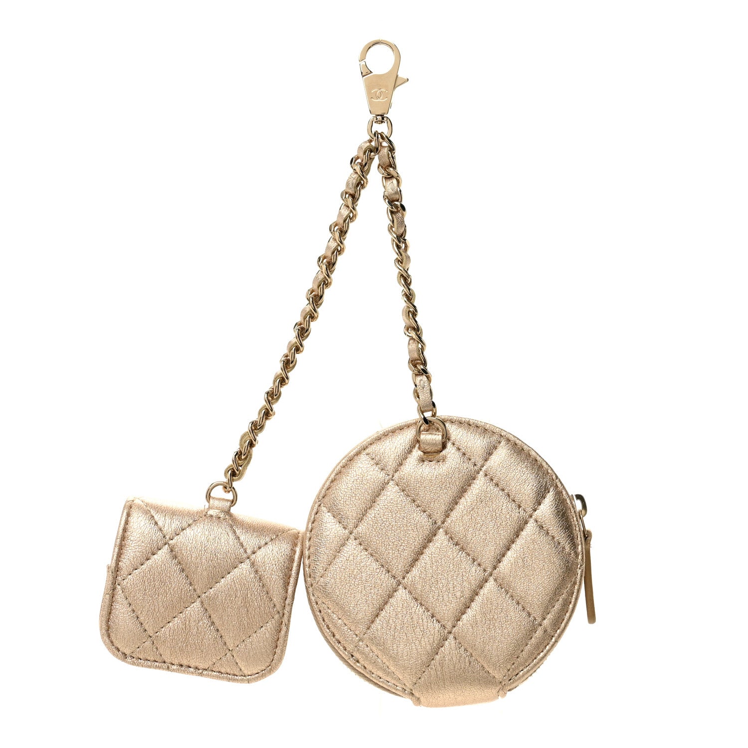 Metallic Lambskin Quilted Round Clip On Coin Purse Airpods Case Gold