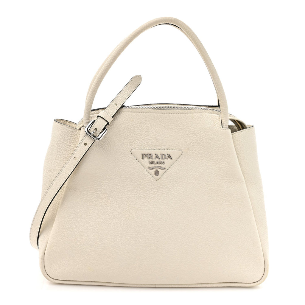Prada Vitello Daino Soft Medium Zippered Top Handle Bag White