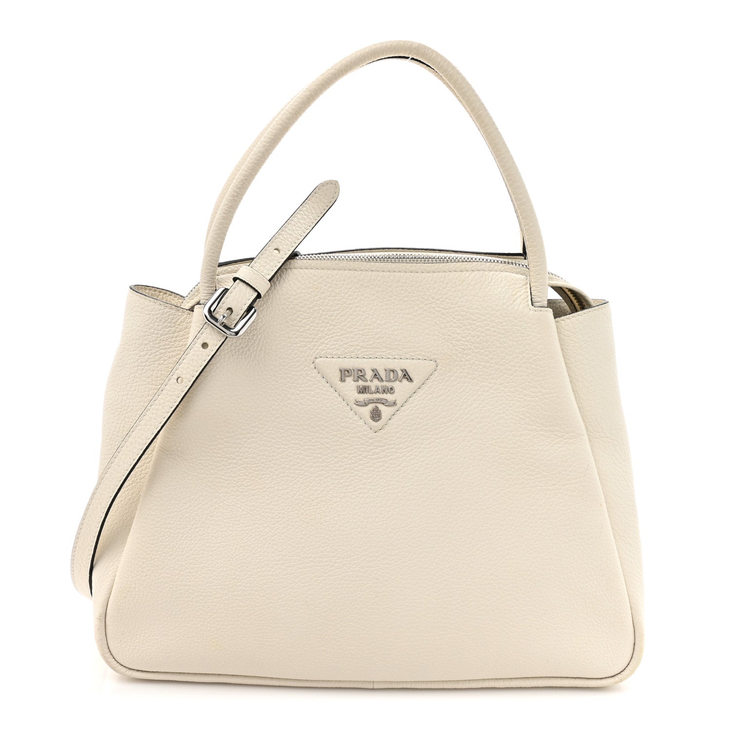 Prada Vitello Daino Soft Medium Zippered Top Handle Bag White