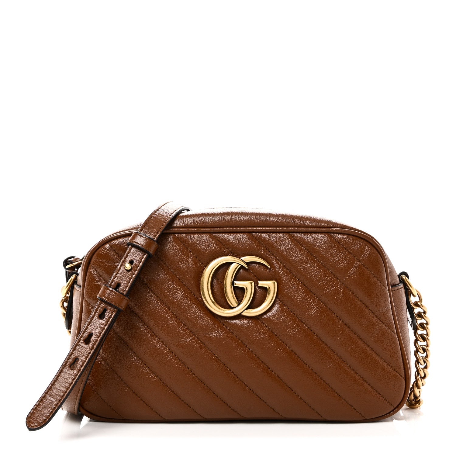 Gucci Glazed Calfskin Matelasse Diagonal Small GG Marmont Chain Shoulder Bag Cuir