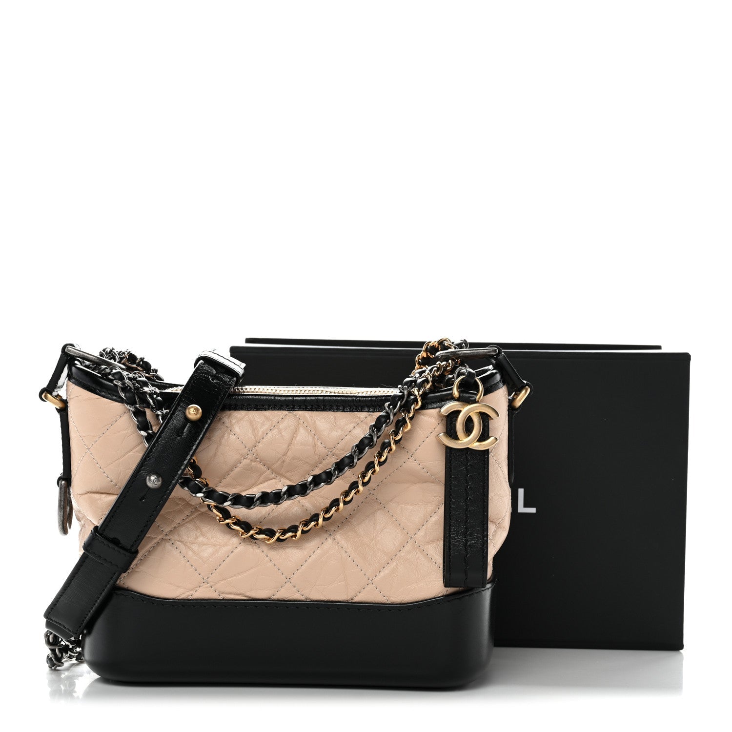 Chanel Aged Calfskin Quilted Small Gabrielle Hobo Beige Black