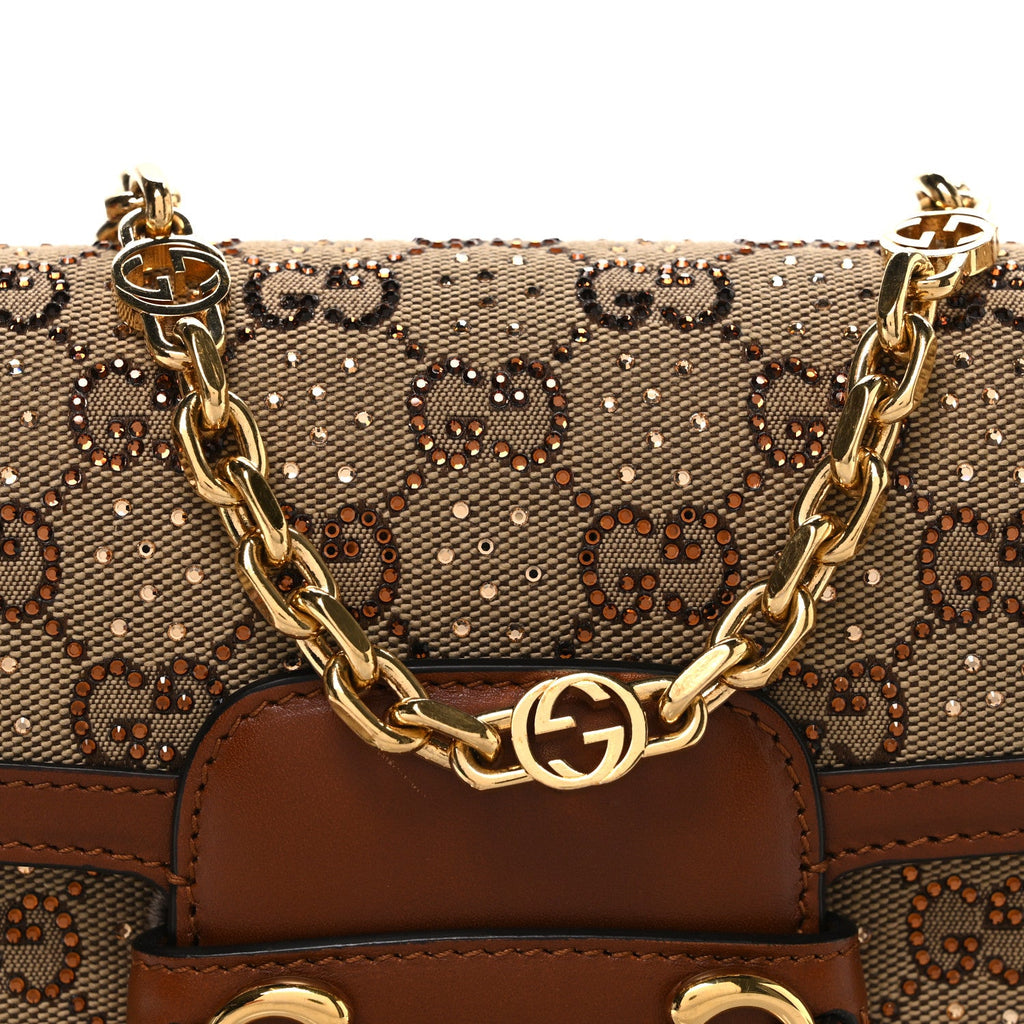 Gucci New Canvas Charisma Calfskin Crystal GG Monogram Mini Horsebit 1955 Shoulder Bag Camel Ebony