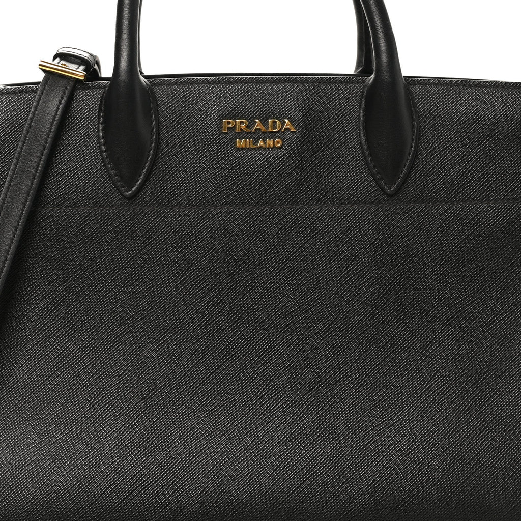 Prada Saffiano City Calfskin Medium Bibliothèque Top Handle Black Fuoco