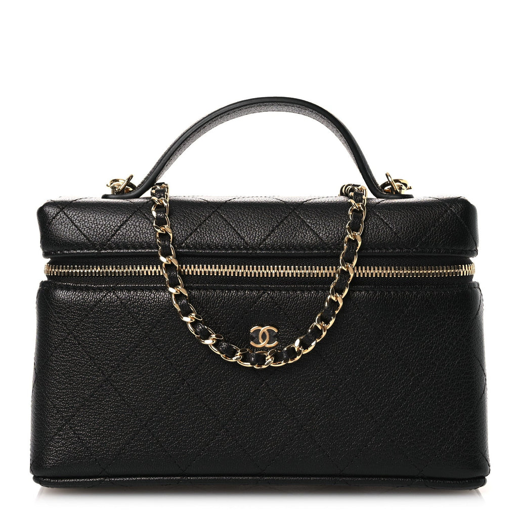 Chanel Goatskin Stitched Top Handle Slim Vanity With Chain Black