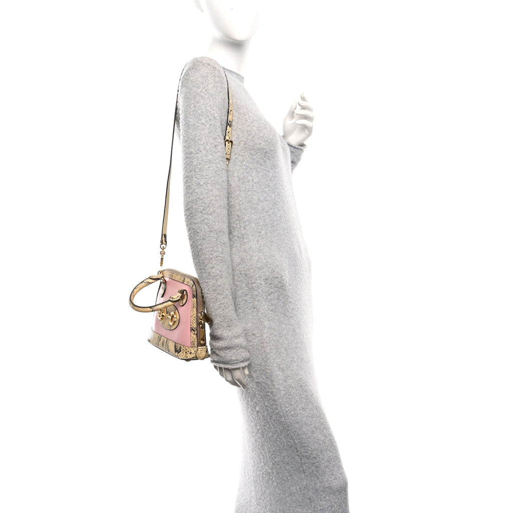 Gucci Snakeskin Boarded Plutone Calfskin Mini Horsebit 1955 Top Handle Bag Wild Rose Beige