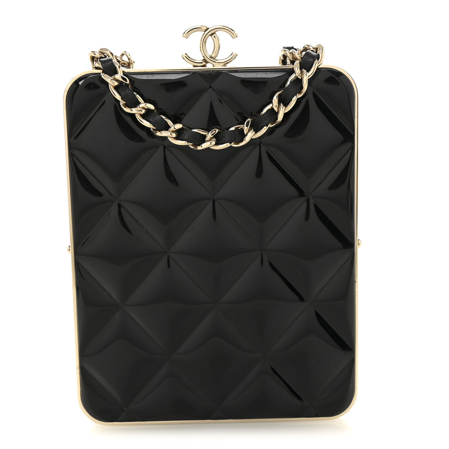 Chanel Lambskin Plexi Quilted CC Evening Clutch With Chain Black