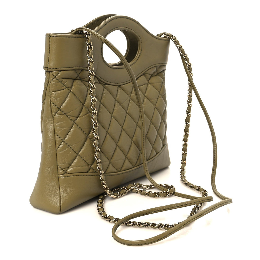 Chanel Shiny Crumpled Calfskin Quilted Mini 31 Shopping Bag Khaki