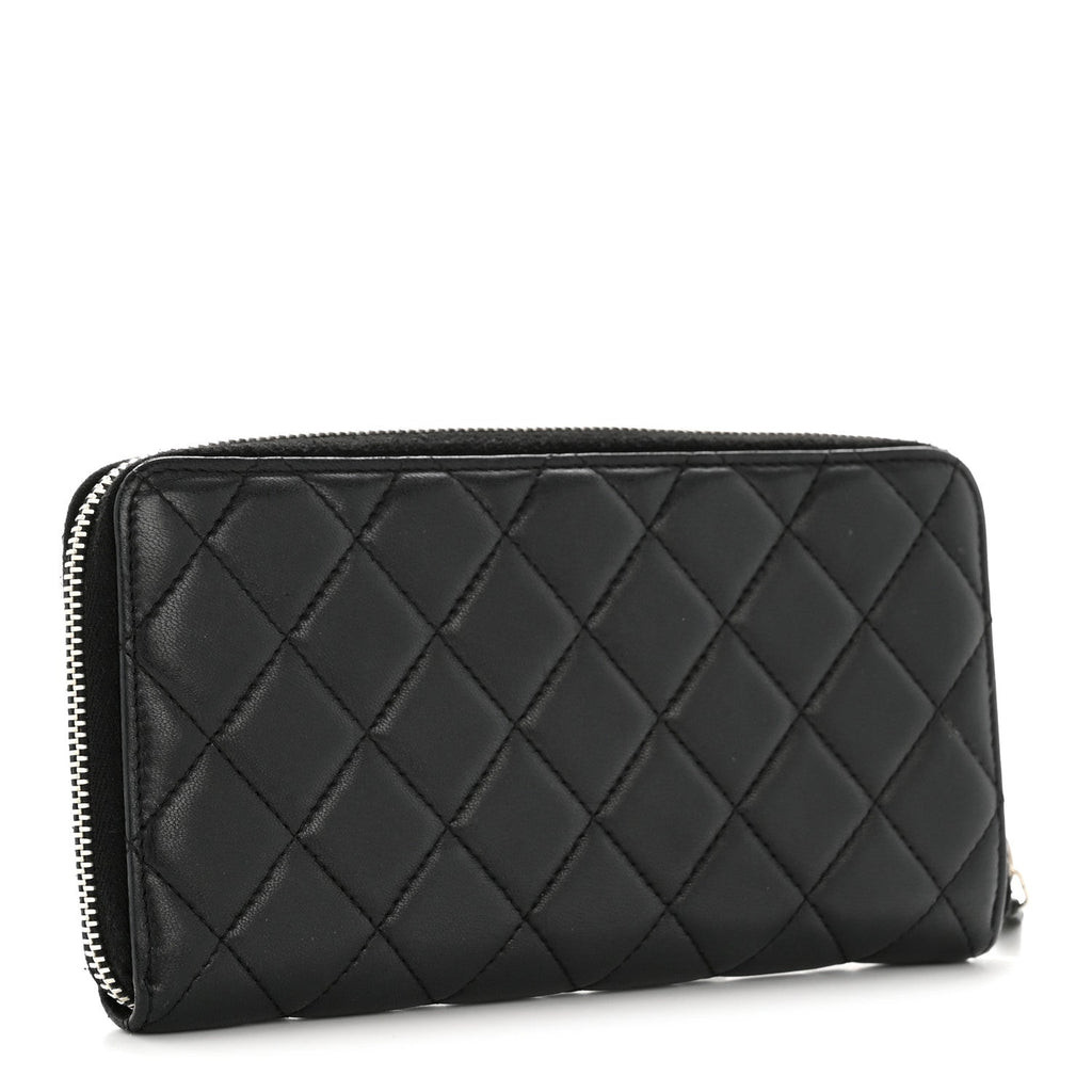 Lambskin Quilted Large Gusset Zip Around Wallet Black