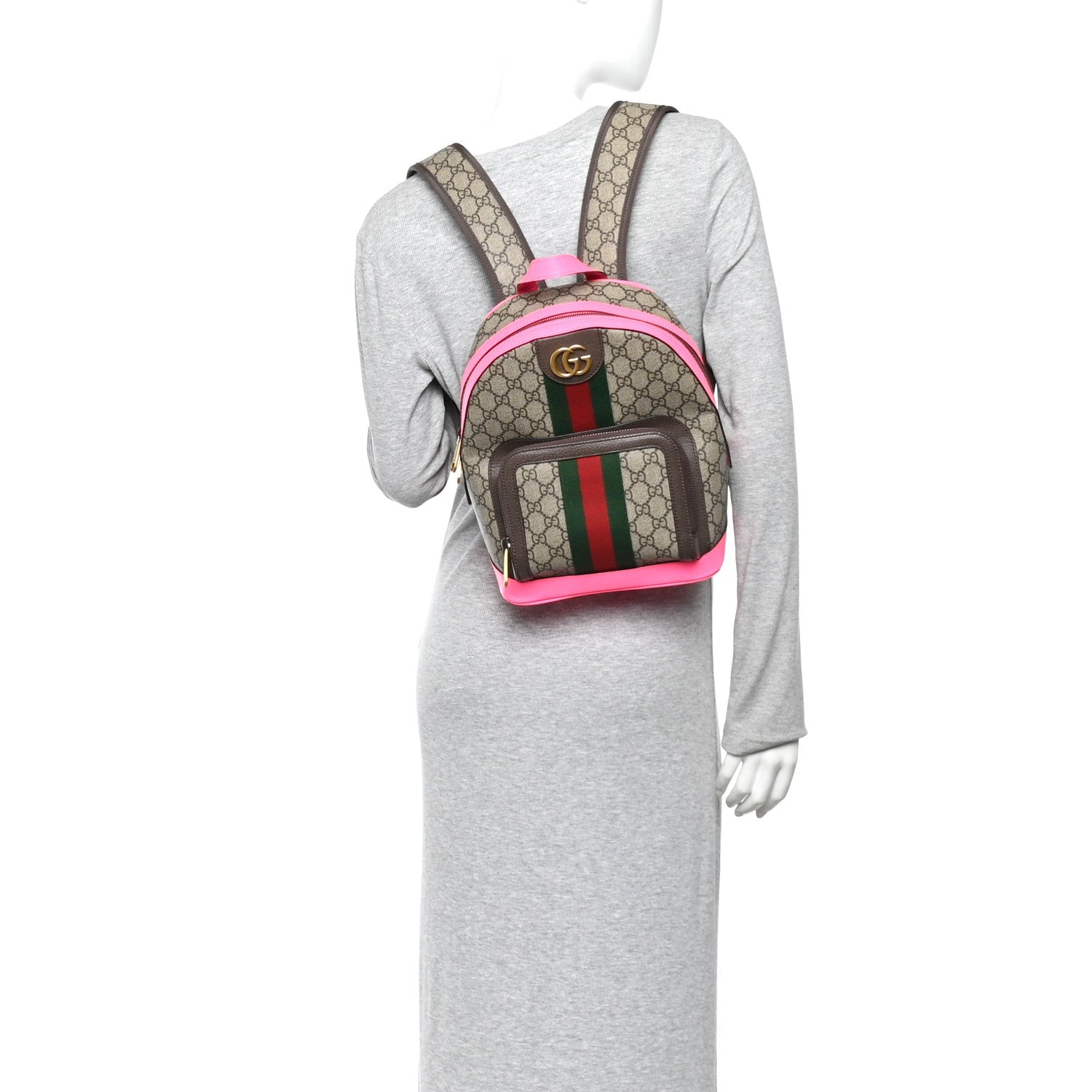 Gucci GG Supreme Monogram Textured Dollar Calfskin Web Small Ophidia Day Backpack Beige Ebony Fluorescent Fuchsia