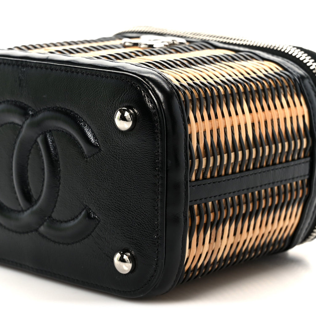 Chanel Calfskin Raffia Small Vanity Case Bag Black Beige