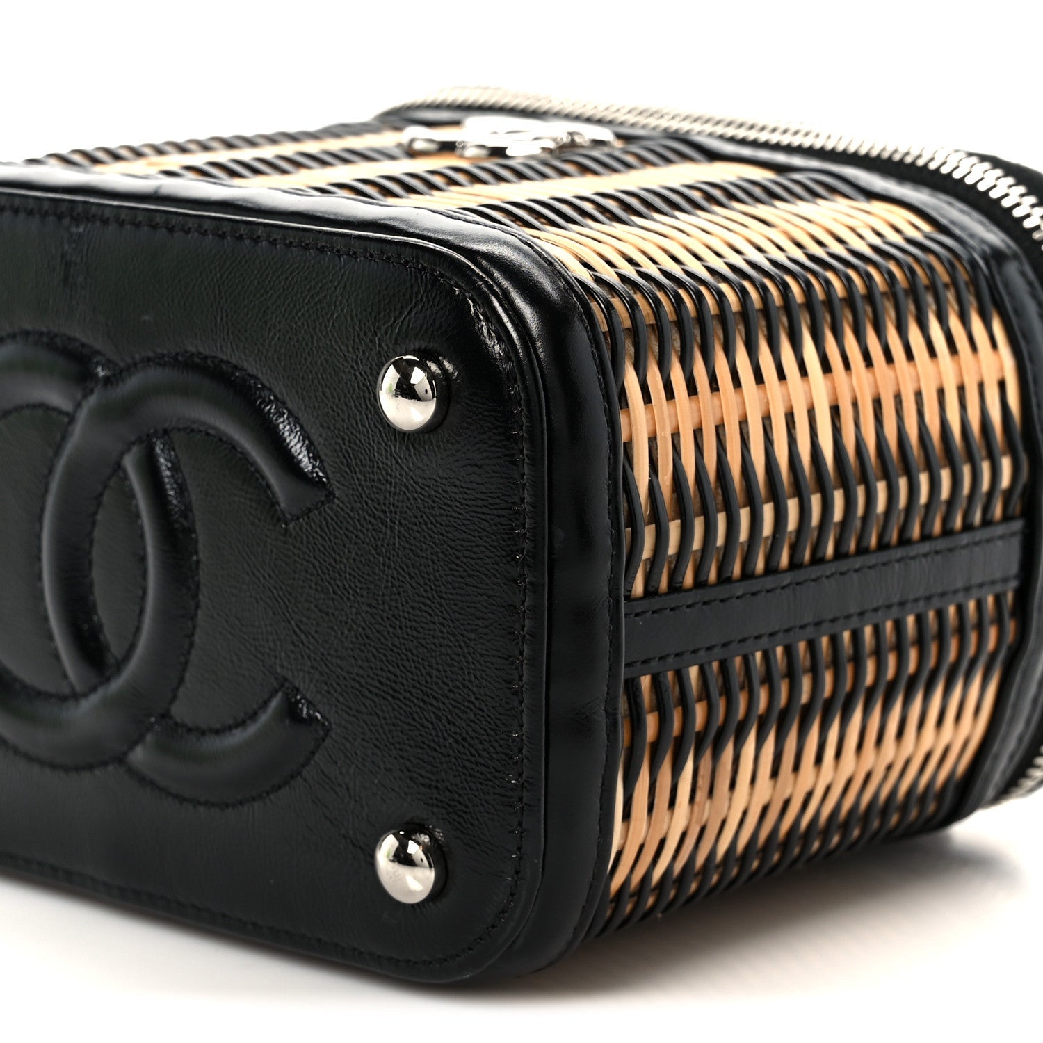 Chanel Calfskin Raffia Small Vanity Case Bag Black Beige