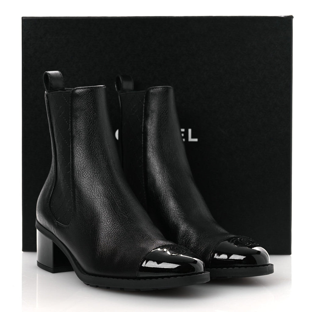 Chanel Shiny Grained Calfskin Patent Cap Toe Interlocking CC Short Boots 37.5 Black