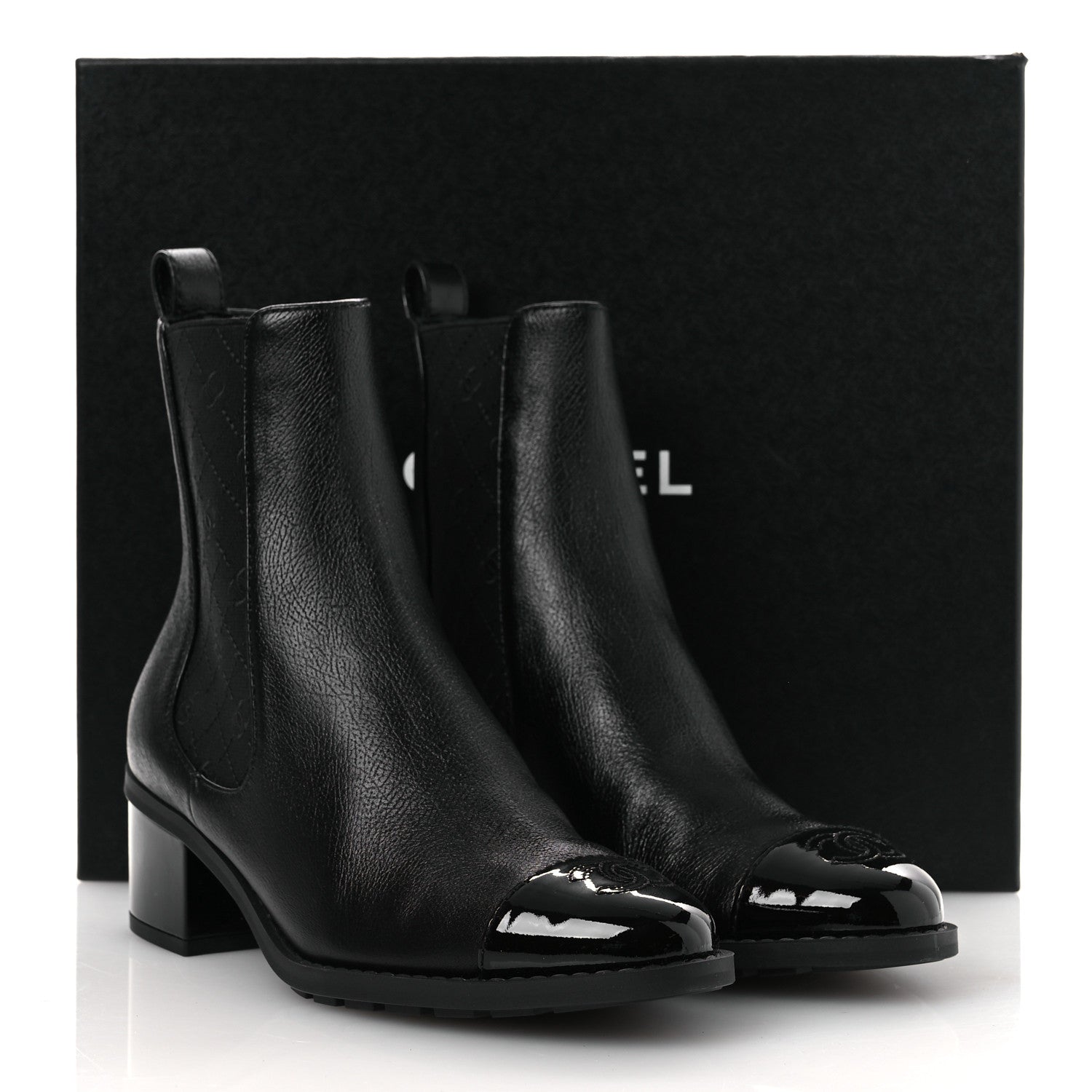 Chanel Shiny Grained Calfskin Patent Cap Toe Interlocking CC Short Boots 37.5 Black