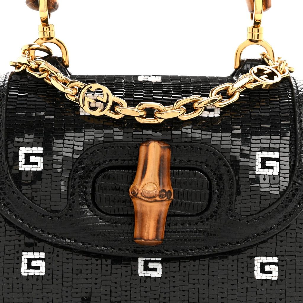 Gucci Sequin Lizard Embossed GG Mini Bamboo 1947 Top Handle Chain Bag Black White