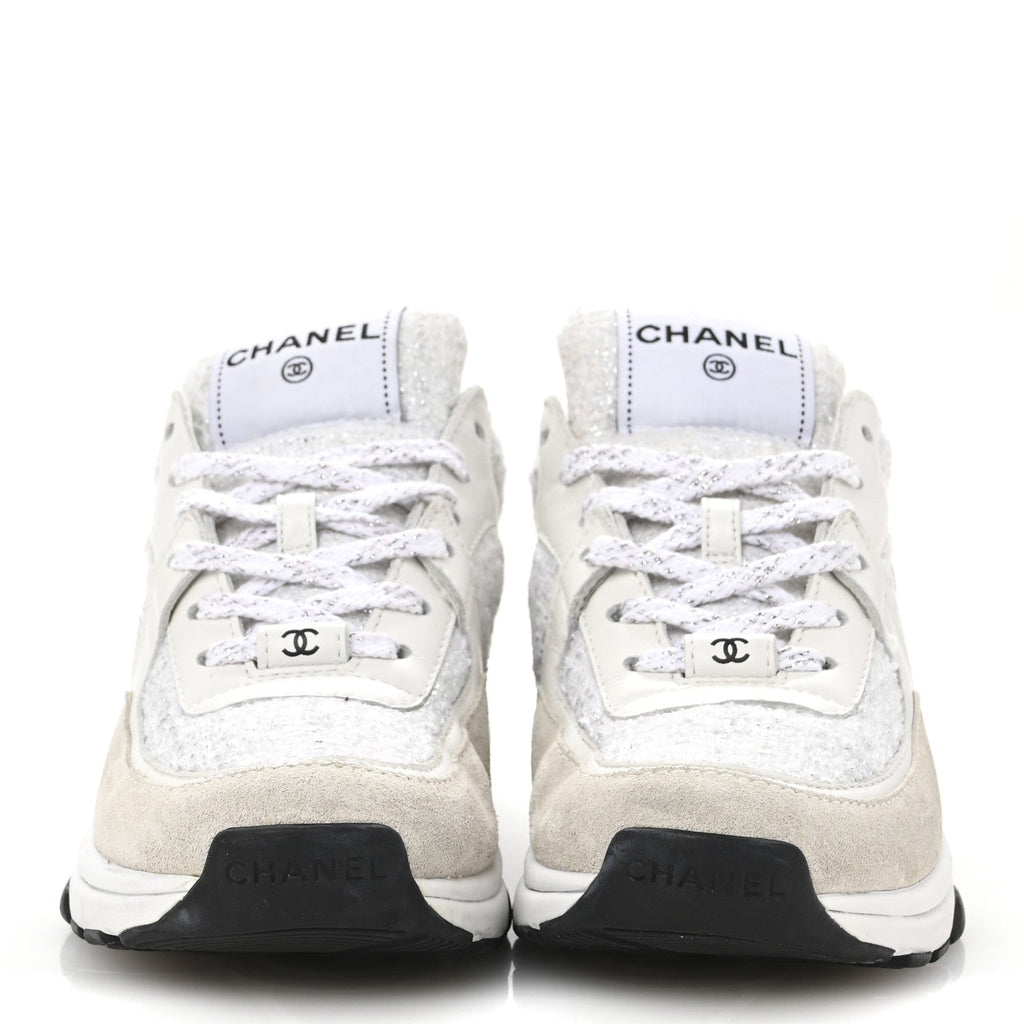 Painted Iridescent Cotton Tweed Suede Calfskin Womens CC Sneakers 35.5 White Silver Multicolor