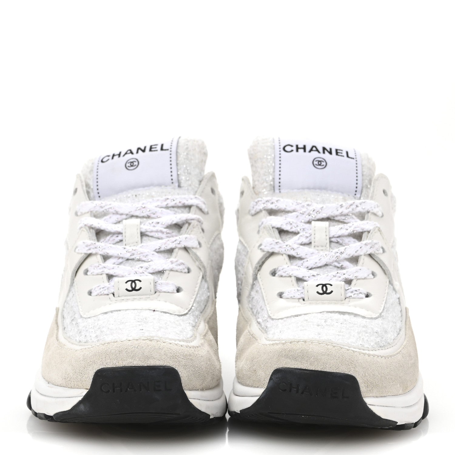 Painted Iridescent Cotton Tweed Suede Calfskin Womens CC Sneakers 35.5 White Silver Multicolor