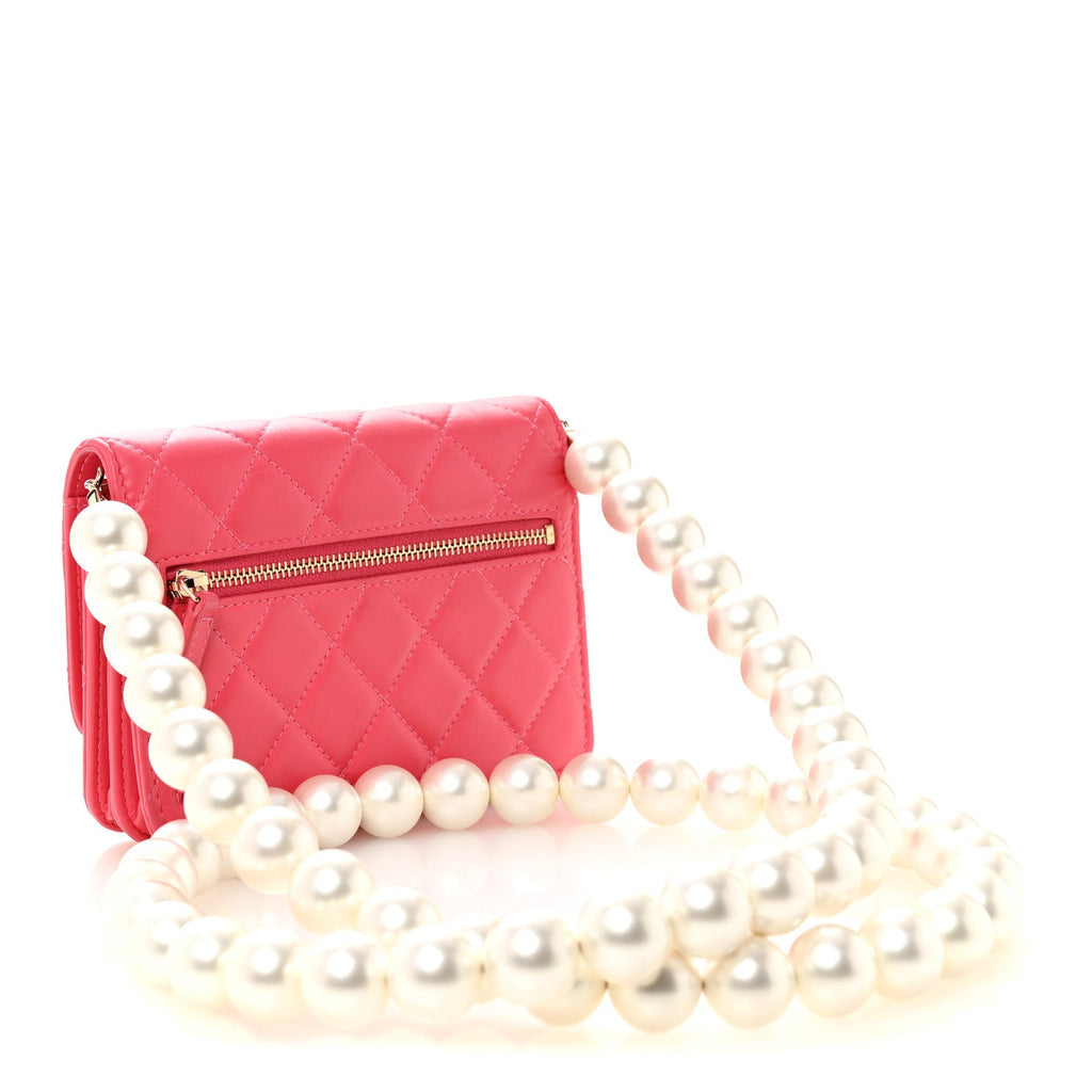 Chanel Calfskin Quilted Mini Maxi Pearls Wallet On Chain WOC Pink