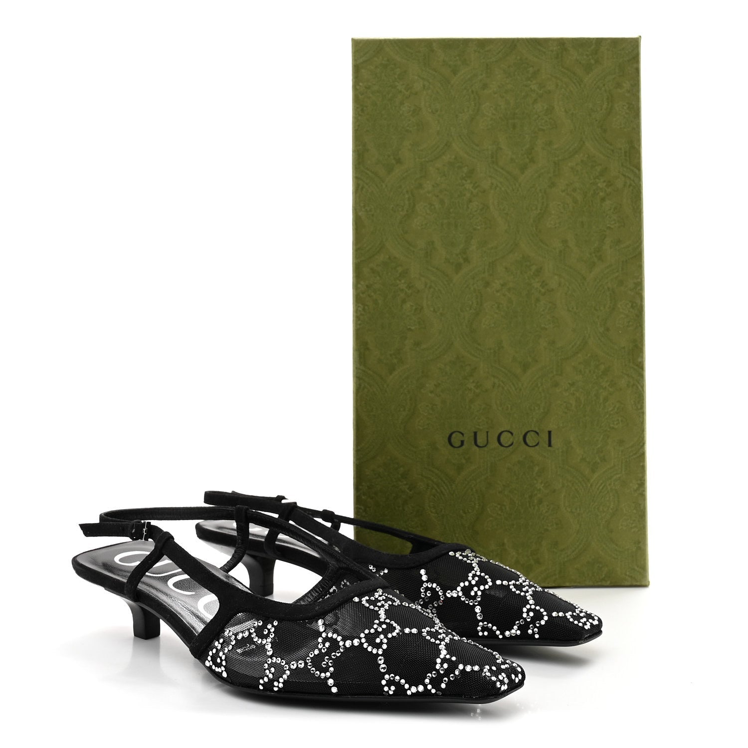Gucci Tela Retino Kid Scamosciato Crystal GG Monogram Square G 35mm Slingback Pumps 35.5 Black