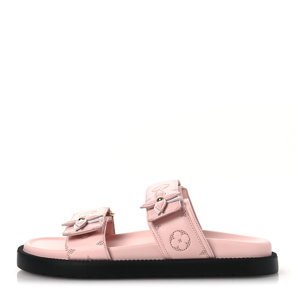 Louis Vuitton Lambskin Embossed Monogram Sunset Comfort Flat Sandals 38 Pink