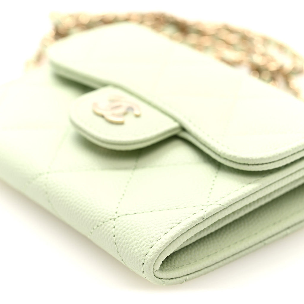 Chanel Caviar Quilted Flap Card Holder On Chain Light Green