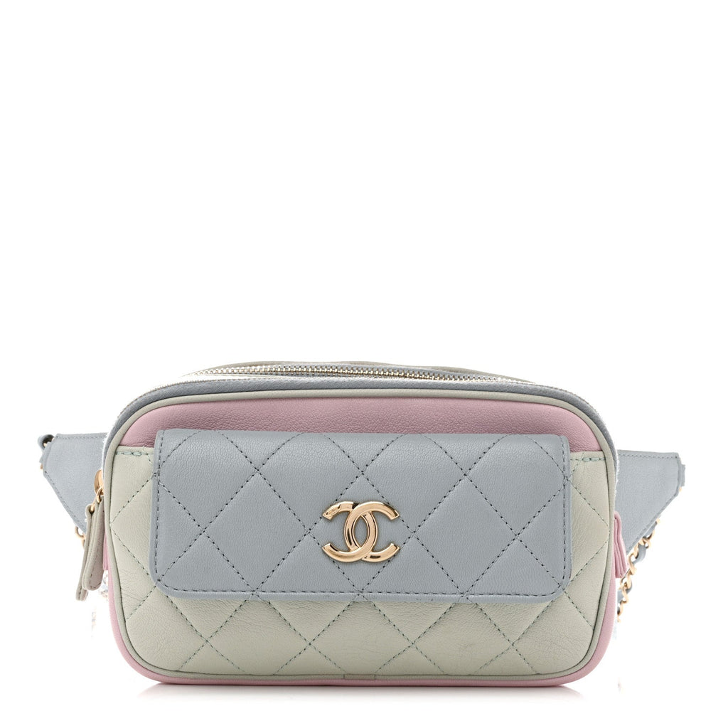 Chanel Goatskin Quilted Waist Bag Green Blue Pink