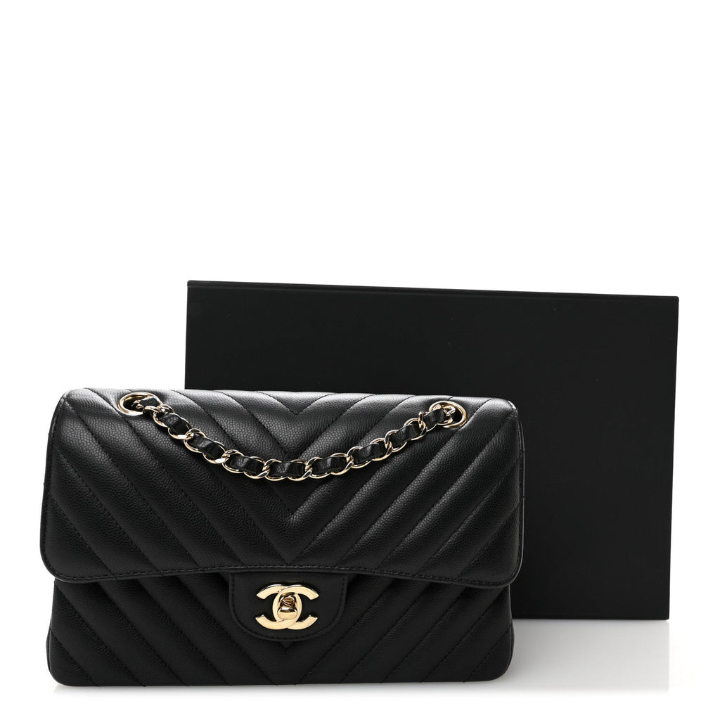 Chanel Caviar Flat Chevron Quilted Small Double Flap Black