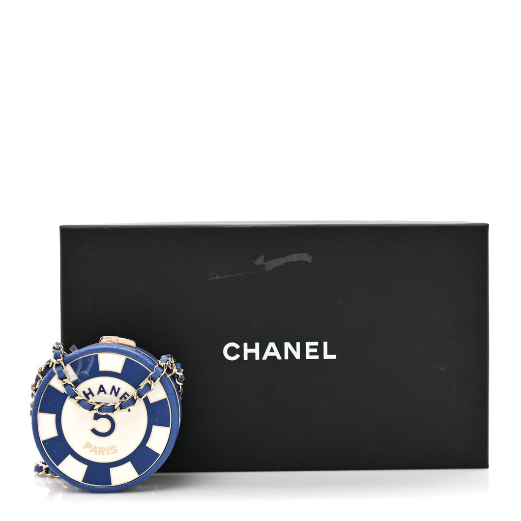 Chanel Lambskin Enamel Quilted Round Poker Chip Clutch With Chain Blue White