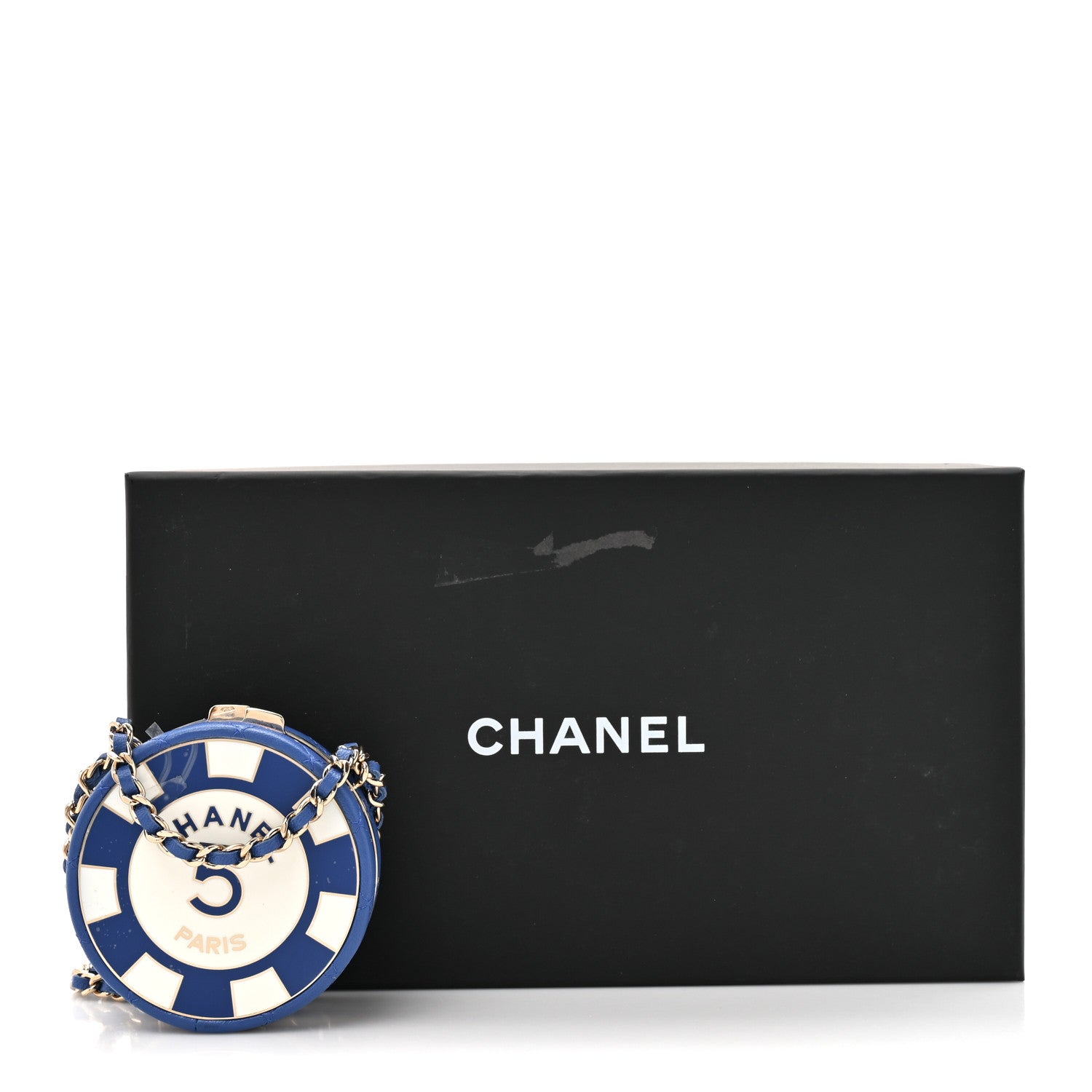 Chanel Lambskin Enamel Quilted Round Poker Chip Clutch With Chain Blue White