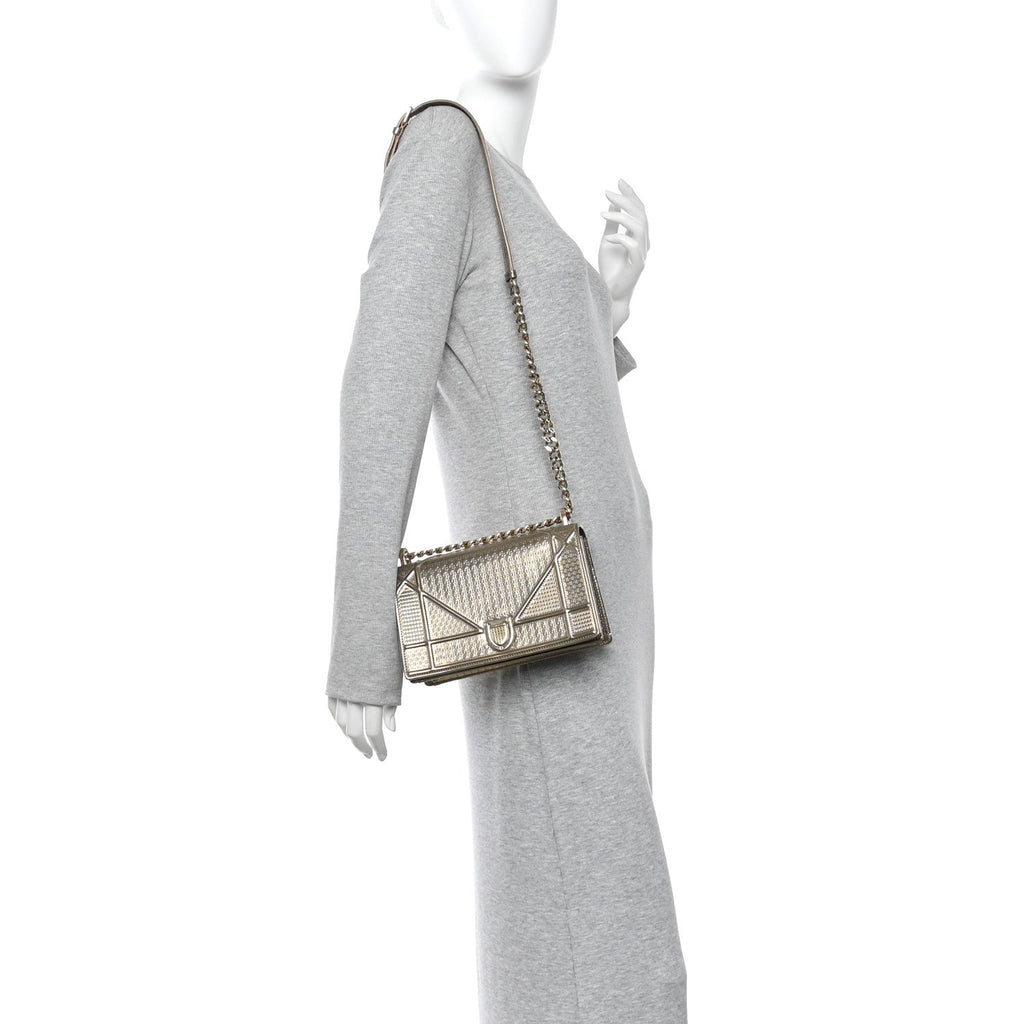 Christian Dior Metallic Patent Micro-Cannage Small Diorama Flap Bag Gold