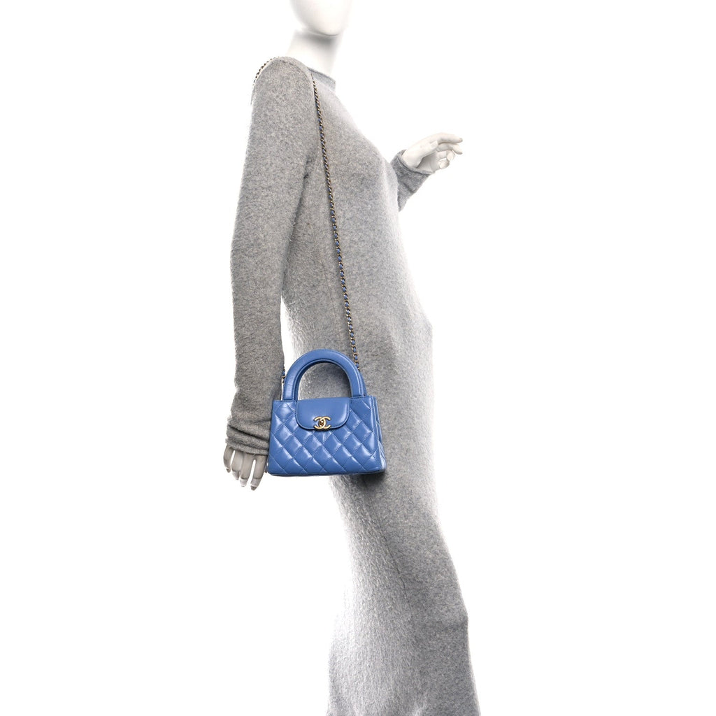 Chanel Shiny Aged Calfskin Quilted Nano Kelly Shopper Blue