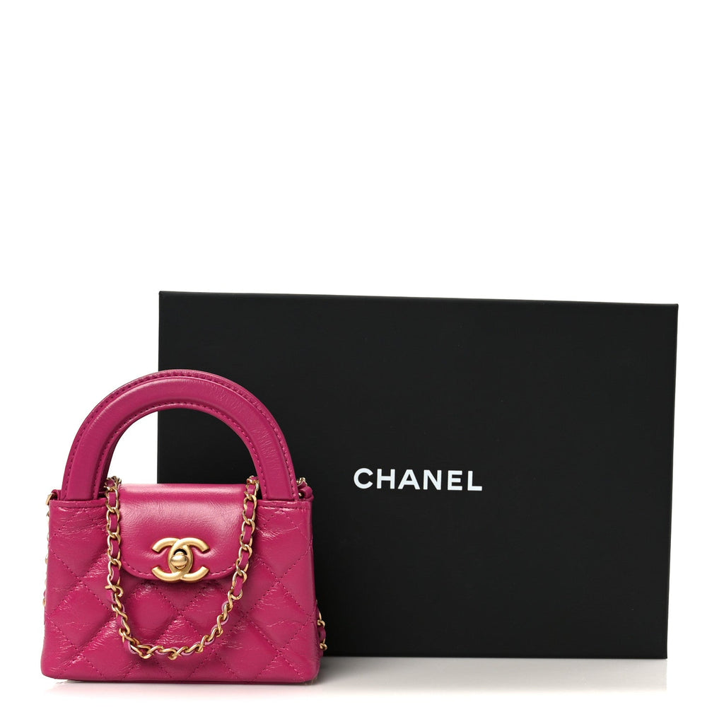 Chanel Shiny Aged Calfskin Quilted Mini Nano Kelly Shopper Dark Pink