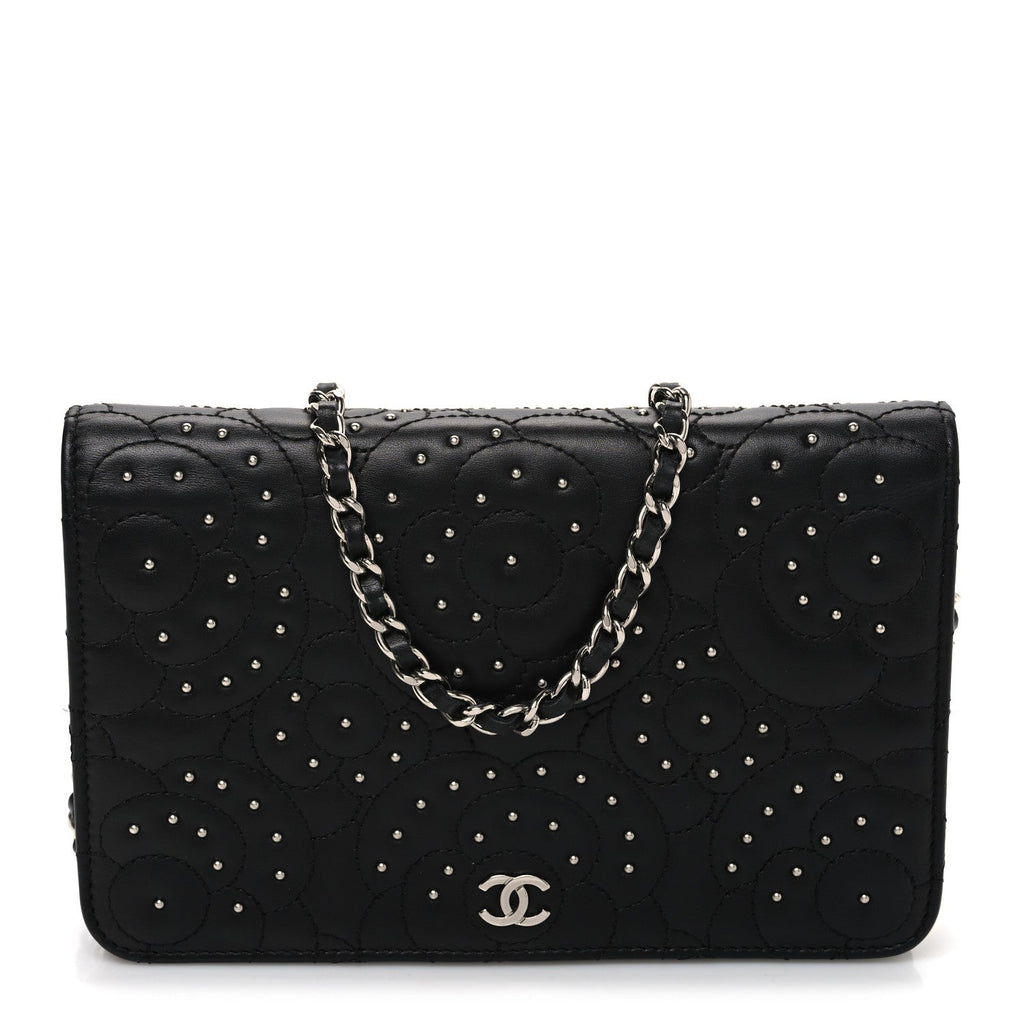 Chanel Lambskin Camellia Studded Wallet on Chain WOC Black