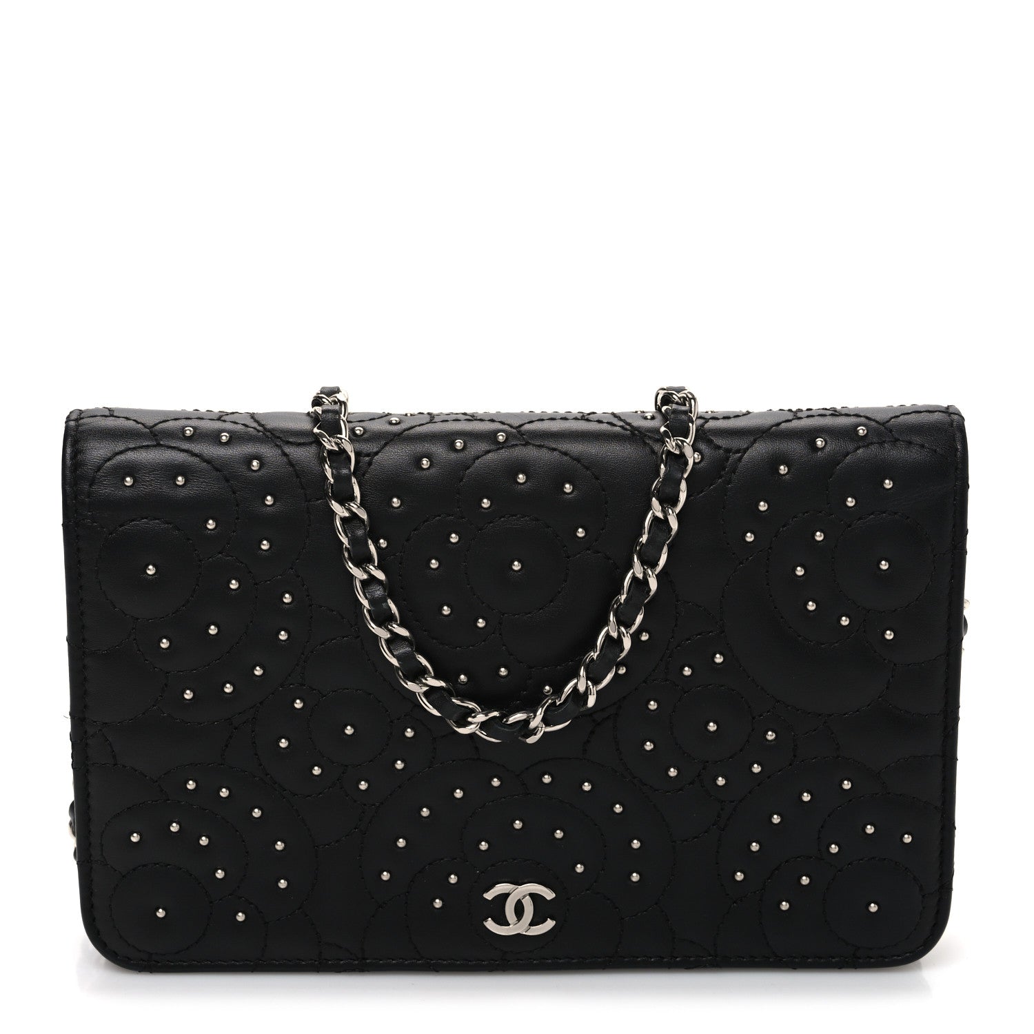 Chanel Lambskin Camellia Studded Wallet on Chain WOC Black