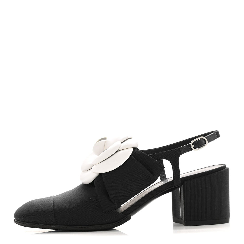 Grosgrain Lambskin Cap Toe Camellia Bow Slingback Pumps 37.5 Black