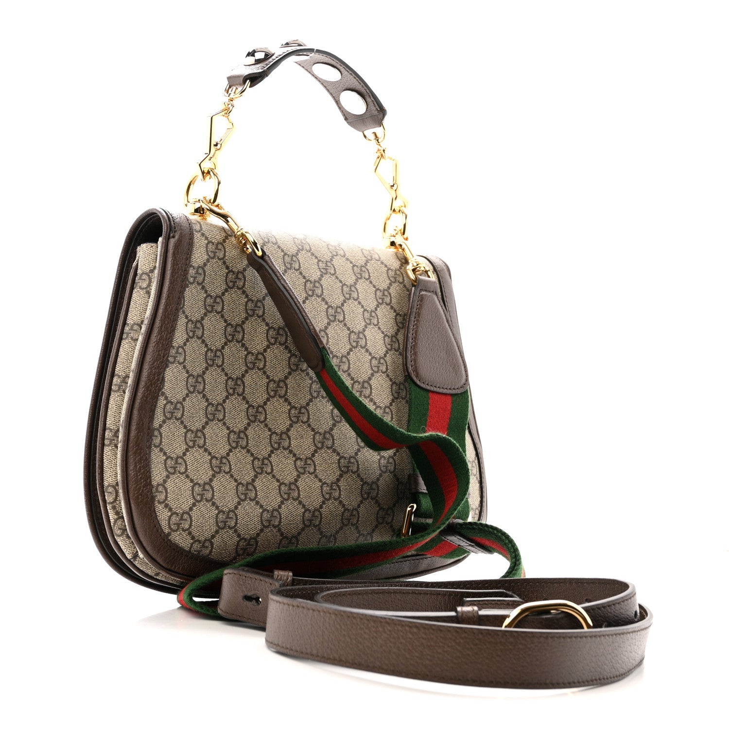 Gucci GG Supreme Monogram Textured Dollar Calfskin Web Medium Blondie Top Handle Shoulder Flap Bag Beige Ebony New Acero