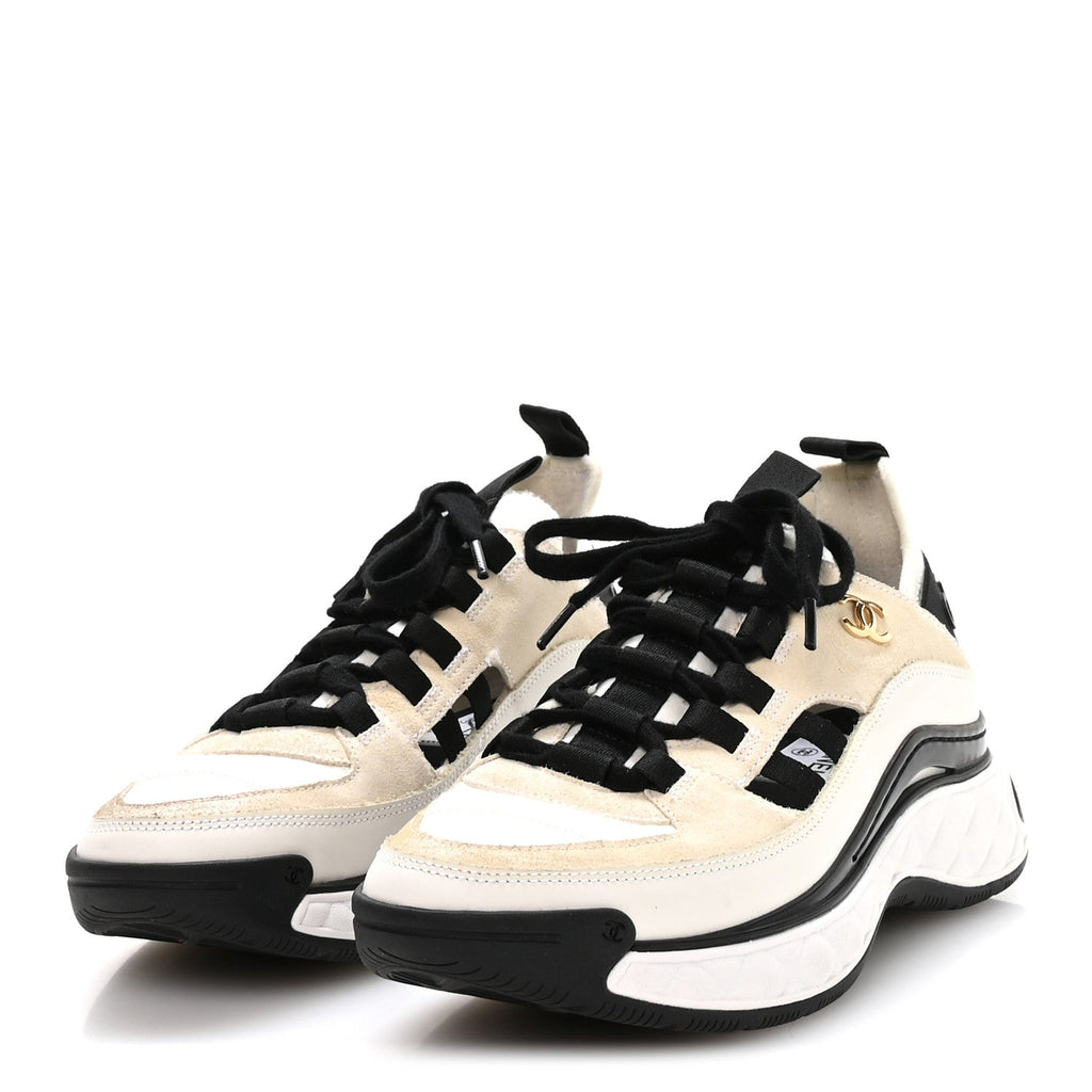 Fabric Calfskin Suede CC Sneakers 36 Ivory Black