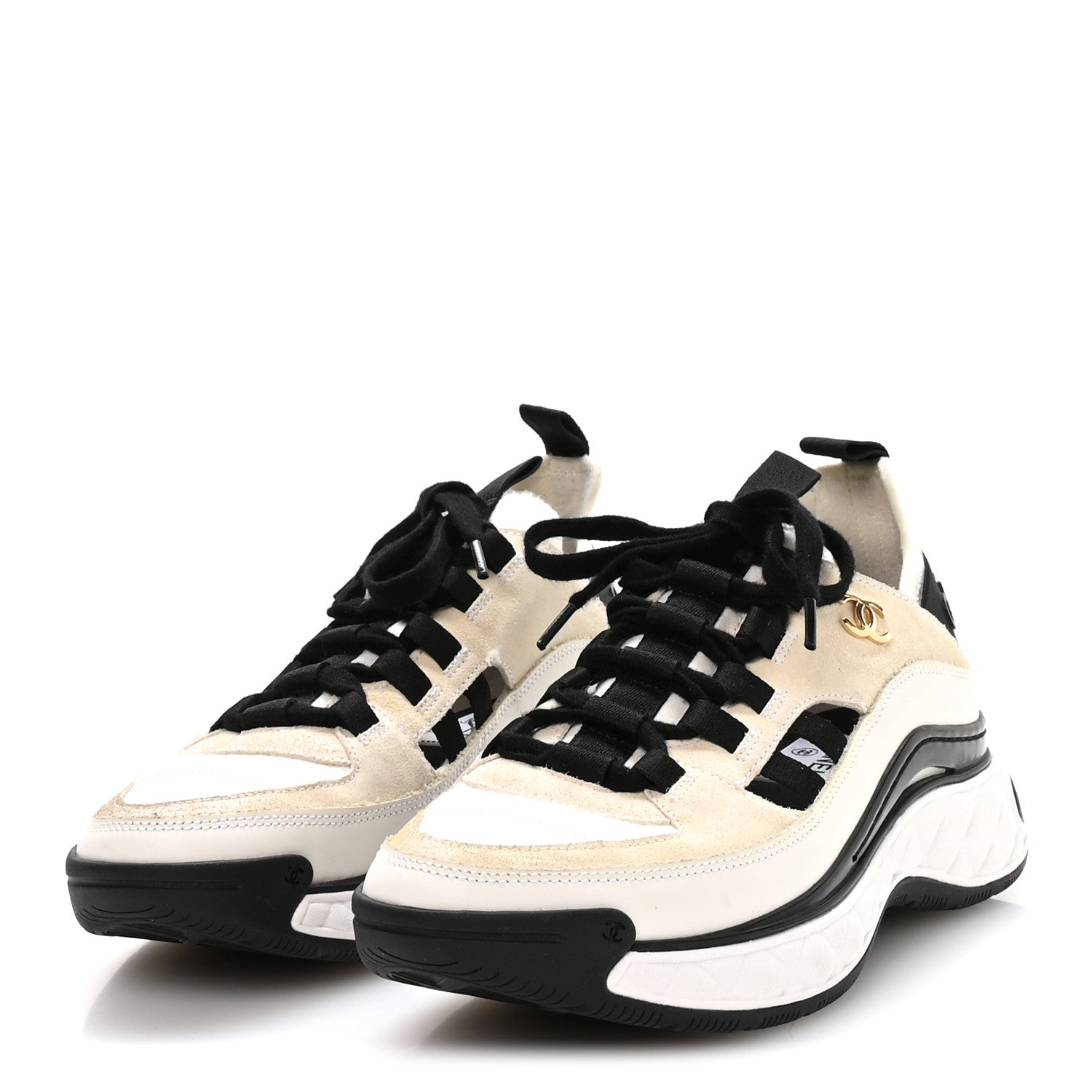 Fabric Calfskin Suede CC Sneakers 36 Ivory Black