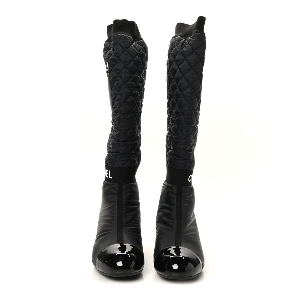 Mixed Fibers Lambskin Patent Calfskin Convertible High Boots 38.5 Black