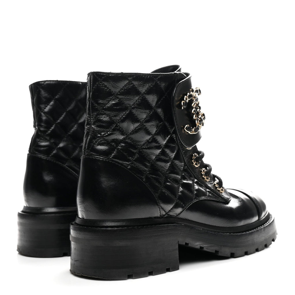 Chanel Shiny Calfskin Quilted Lace Up Combat Boots 36 Black