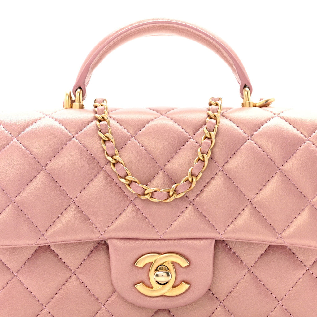 Chanel Iridescent Lambskin Quilted Mini Top Handle Rectangular Flap Pink