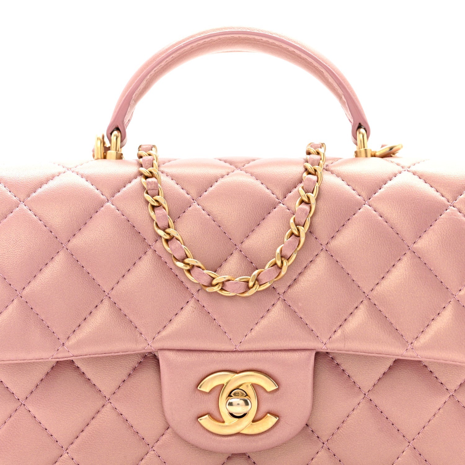 Chanel Iridescent Lambskin Quilted Mini Top Handle Rectangular Flap Pink