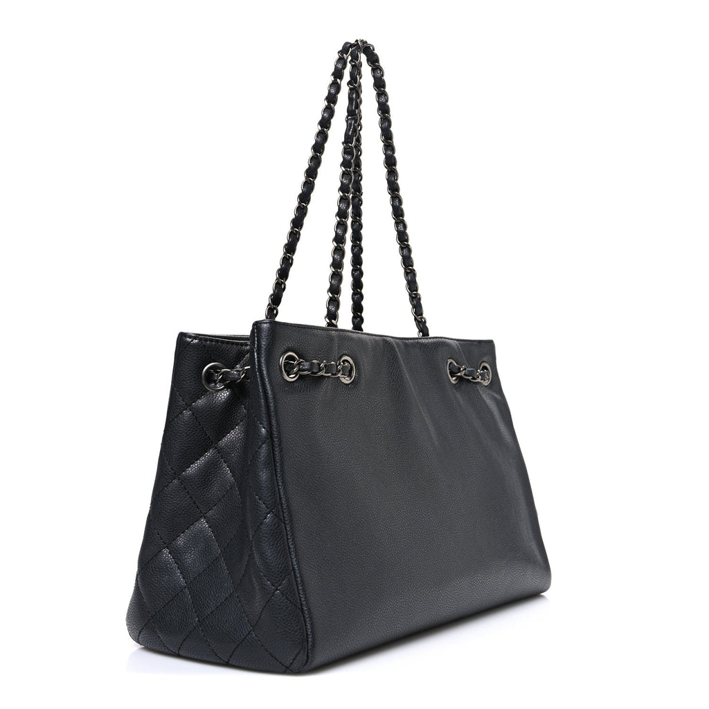 Chanel Metallic Grained Calfskin Medium Woven Chain Shopping Bag Black