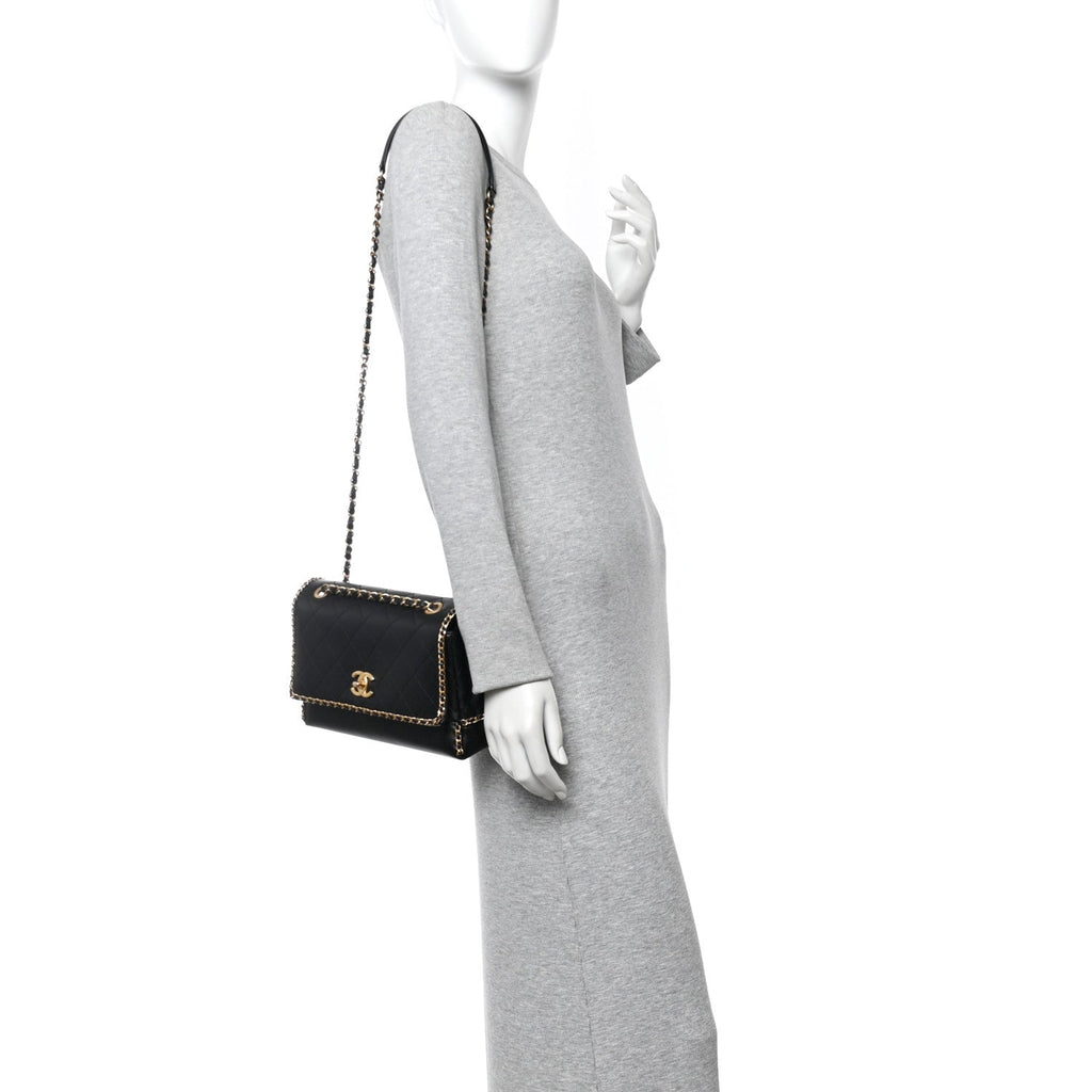 Chanel Calfskin Stitched Chain Flap Black