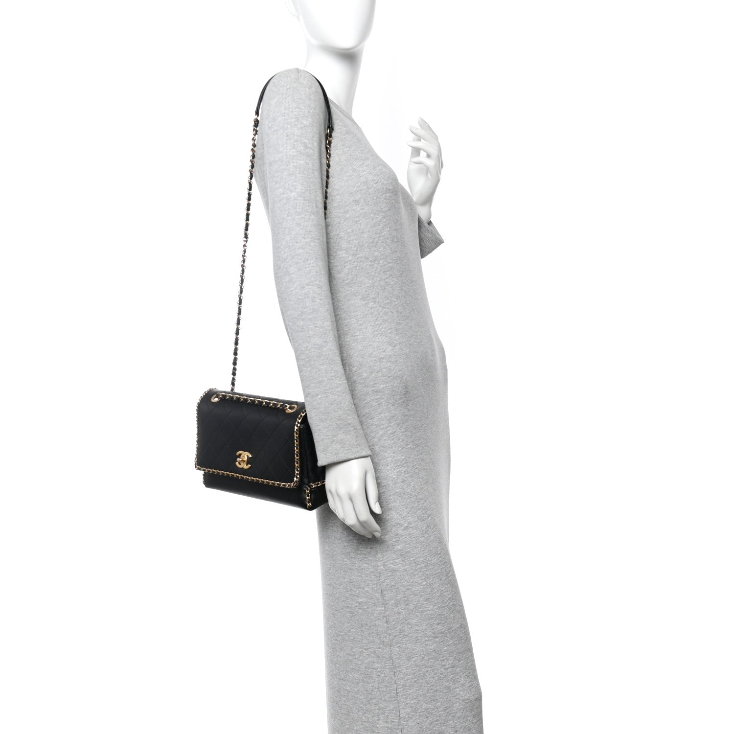 Chanel Calfskin Stitched Chain Flap Black