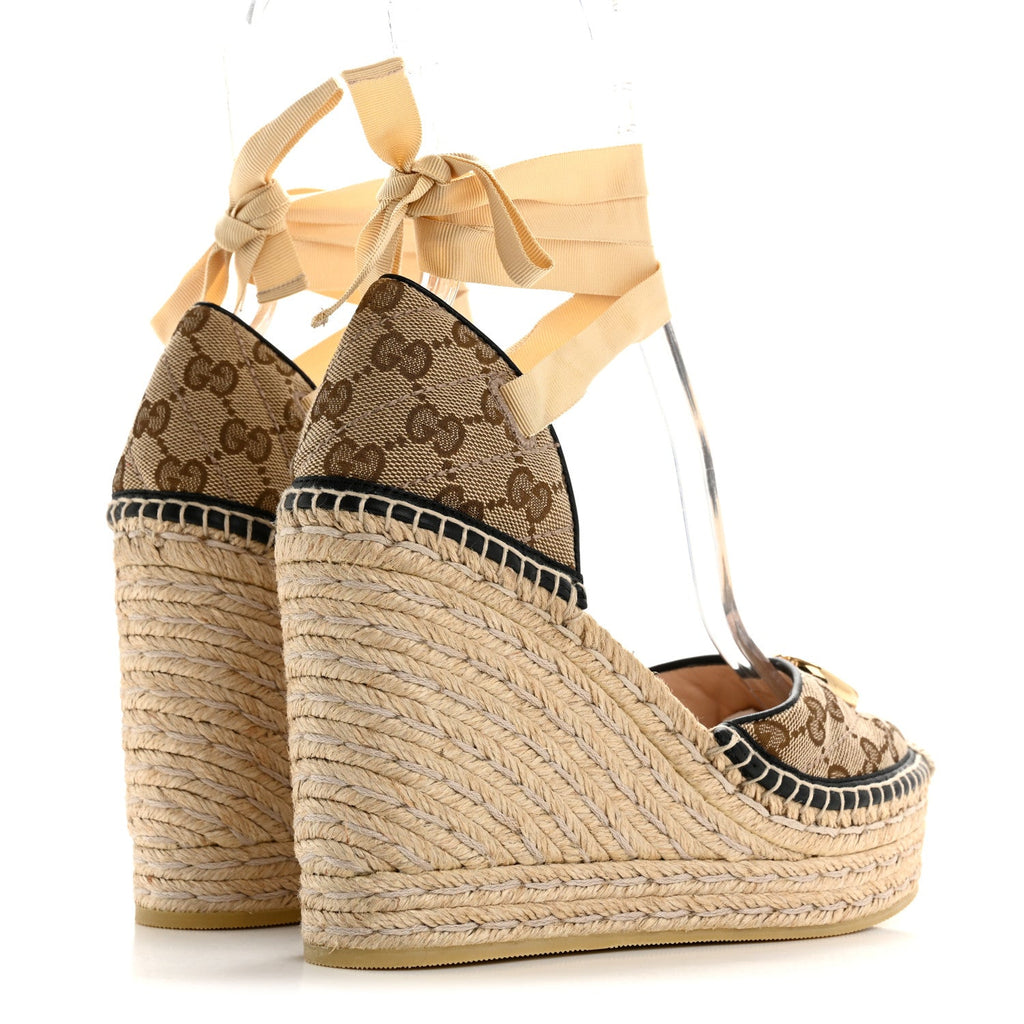 Gucci Monogram Matelasse GG Marmont Ankle Wrap Platform 35/120mm Espadrille Wedges 39.5 Beige Ebony Black Sand Storm