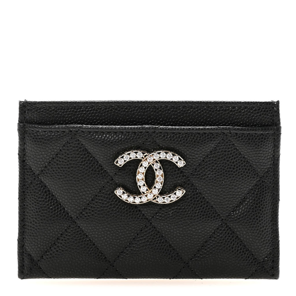 Caviar Quilted Crystal Card Holder Black