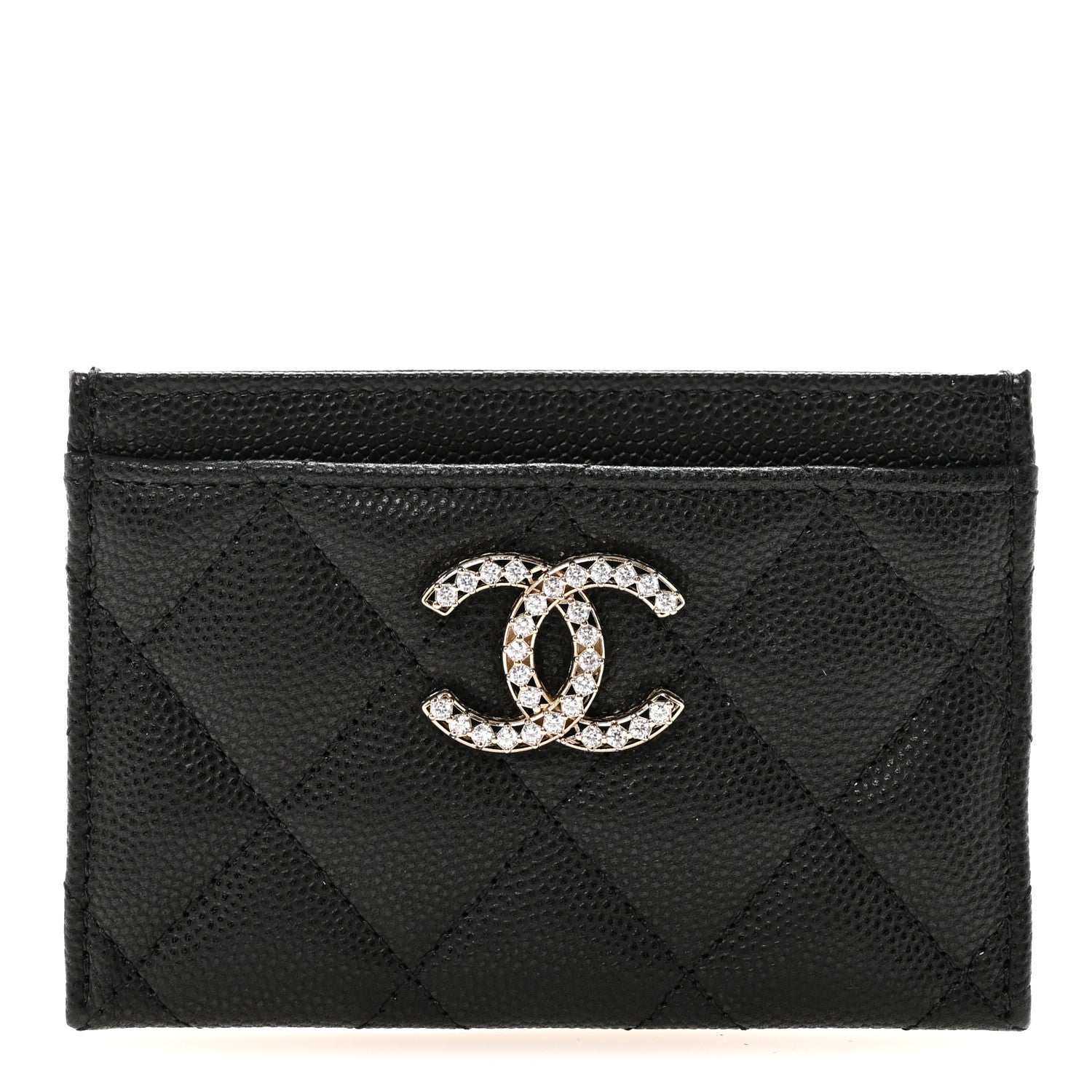 Caviar Quilted Crystal Card Holder Black