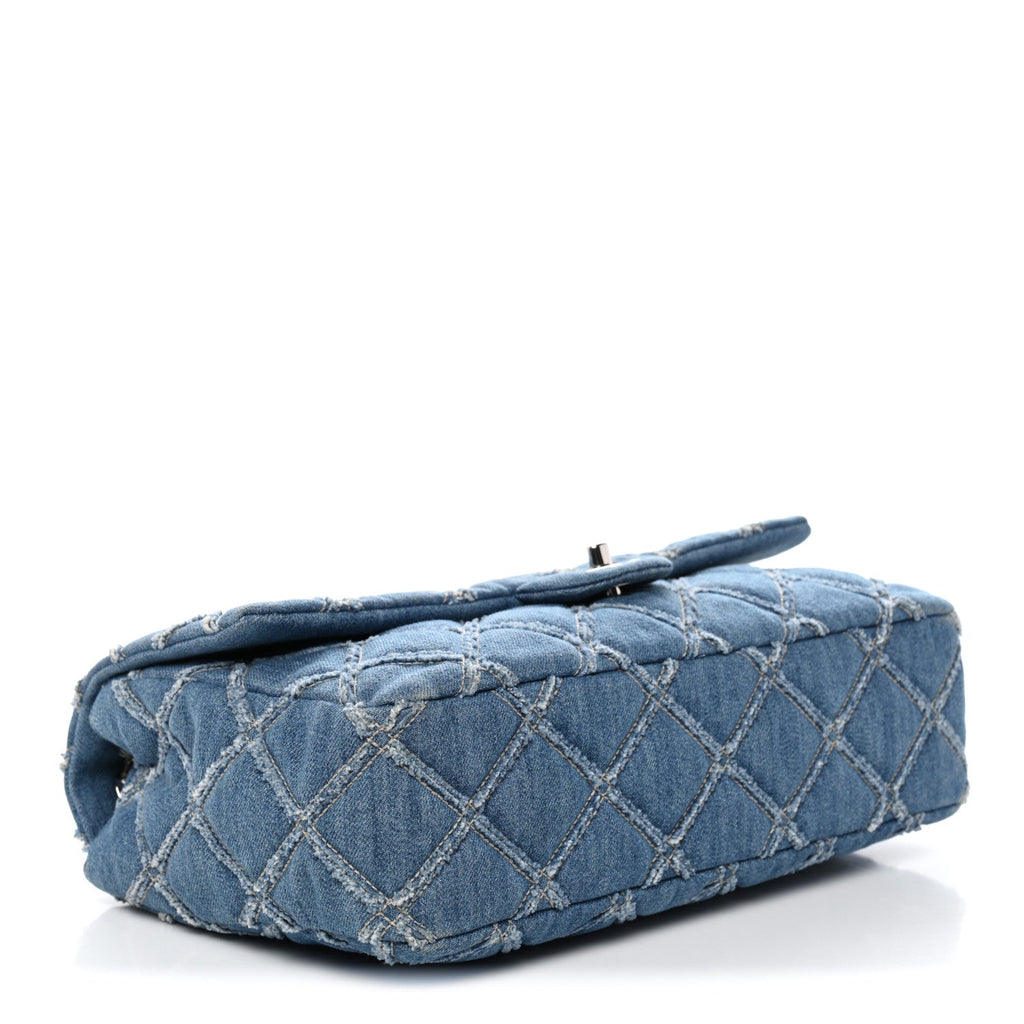 Chanel Frayed Denim Quilted Large Blue Chip Flap Blue